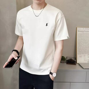 高端白色刺绣男士短袖t恤2026新款夏季薄款宽松圆领半袖男款上衣
