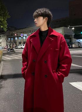 高端红色中长款毛呢大衣外套男士春秋冬季2025年新款加厚风衣男款