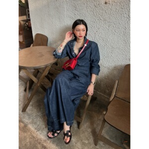 CMOD 原色深蓝正肩牛仔衬衫阔腿喇叭裤套装 松弛优雅拉长比例
