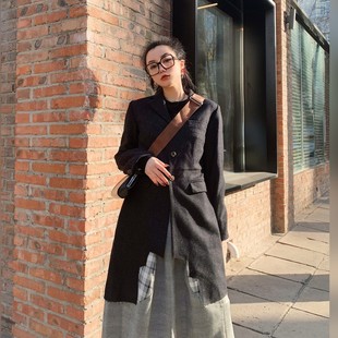 不规则设计蛋壳下摆薄款 羊毛呢西装 领大衣中长款 CMOD