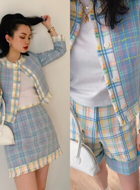 【CMOD】春夏马卡龙编织小西装外套女高腰短裤半身裙时尚