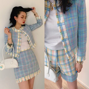 外套女高腰短裤 春夏马卡龙编织小西装 半身裙时尚 CMOD