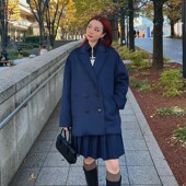 羊毛呢短大衣中长低腰百褶裙套装 藏蓝色花苞袖 CMOD