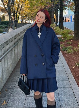 【CMOD】藏蓝色花苞袖羊毛呢短大衣中长低腰百褶裙套装