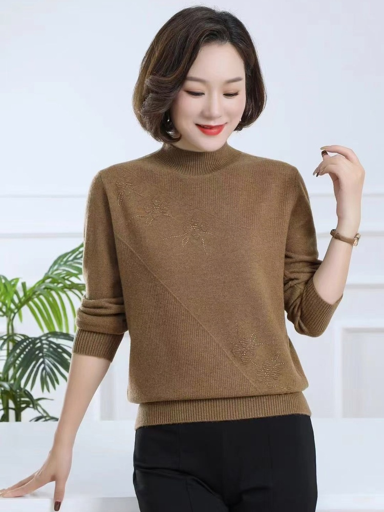 专柜双鹿100%羊毛衫女士半高毛针织衫