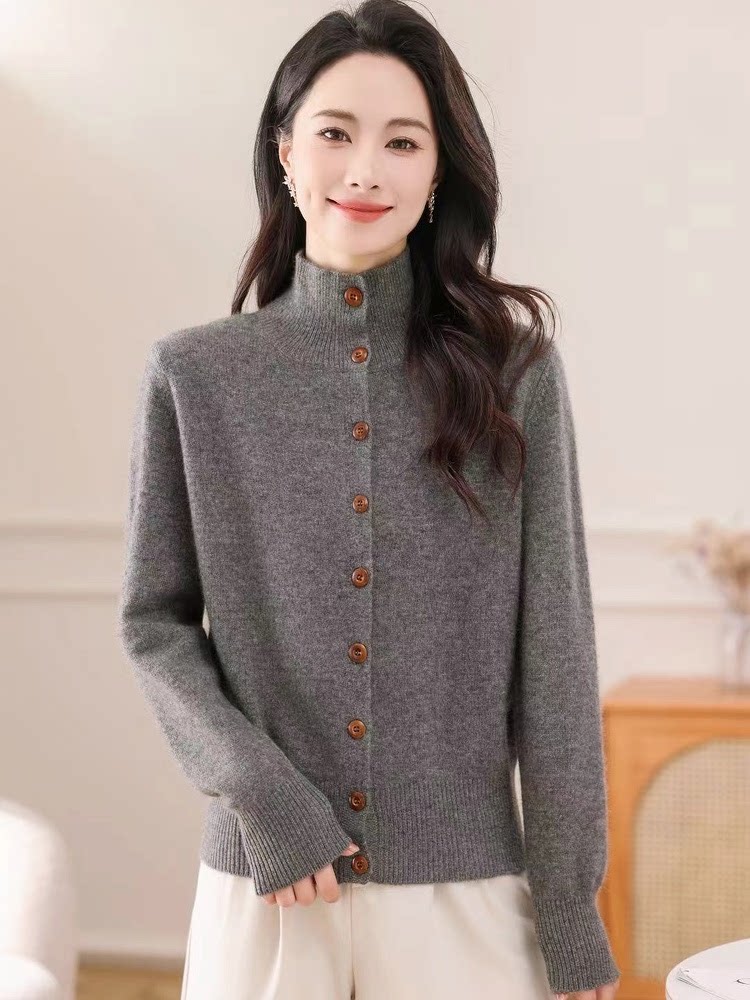 双鹿羊毛衫女士开衫高领羊驼绒加毛针织衫