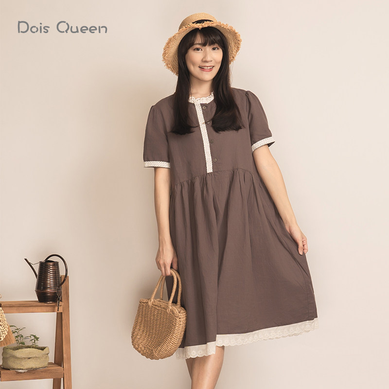 DoisQueen彩后台北拼接蕾丝棉麻连衣裙气质文艺复古少女减龄甜美