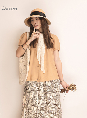 DoisQueen彩后台北荷叶褶皱排扣苎麻短袖卡其色上衣日系复古森系