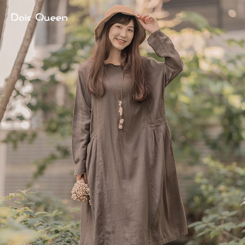 DoisQueen彩后台北套头长袖荷叶圆领纯色棉麻连衣裙慵懒休闲少女