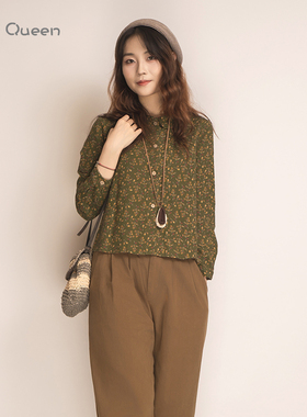 DoisQueen彩后台北翻领排扣纯棉印花长袖上衣女复古文艺衬衫气质