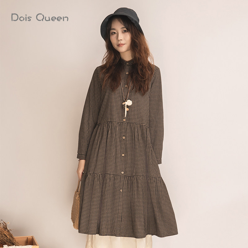 DoisQueen彩后台北格子排扣蛋糕连衣裙女长袖秋冬田园风日系森林