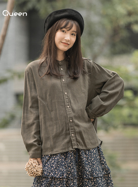 DoisQueen彩后台北长袖双口袋排扣上衣女秋冬圆领甜美森林系百搭