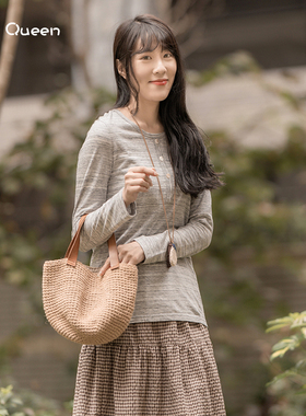 DoisQueen彩后台北圆领纯棉打底女上衣紧身长袖t恤春秋外穿百搭