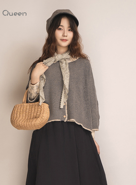 DoisQueen彩后台北圆领排扣花纹羊毛外套女开衫灰色文艺复古森系