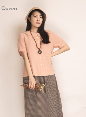 DoisQueen彩后台北娃娃领排扣苎麻排扣上衣女短袖夏森系文艺复古
