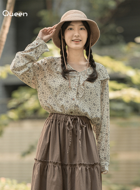 DoisQueen彩后台北碎花荷叶领长袖薄款上衣女春季仙气气质