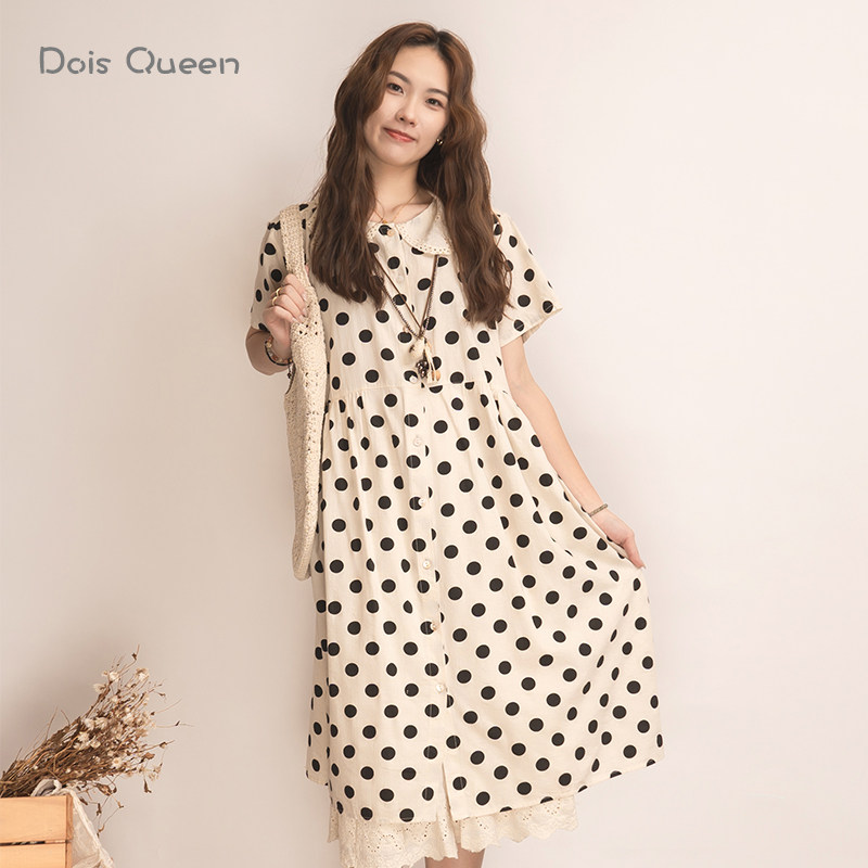 DoisQueen彩后台北绣花领波点棉麻短袖连衣裙女夏季日系森林系