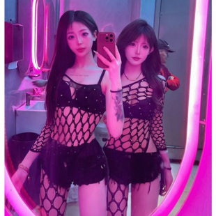 欧美舞台dj女歌手性感酒吧gogo演出服装女爵士舞穿搭镂空网烫钻