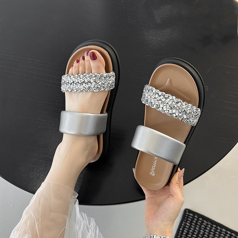 网红配裙子水钻一字拖女夏季外穿