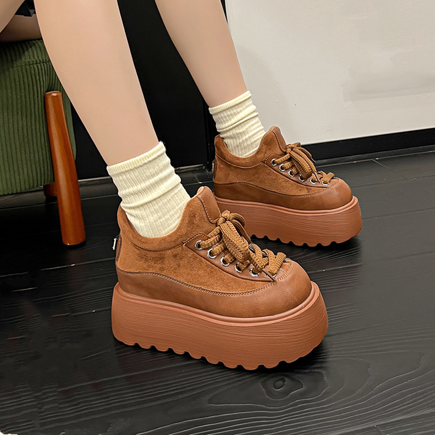 2025冬季新款松糕厚底圆头乐福鞋