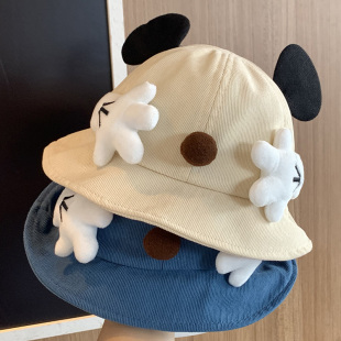 可爱卡通小熊耳朵软檐渔夫帽子女宝秋冬季百搭薄款灯芯绒防风男童