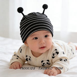 婴儿胎帽春季薄款条纹毛球护囟门保暖男女宝宝可爱超萌触角护耳帽