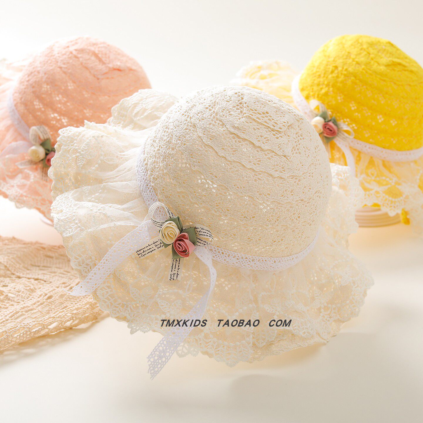 宝宝蕾丝花朵遮阳帽女童夏薄款蝴蝶结公主帽防晒太阳帽森女系草帽