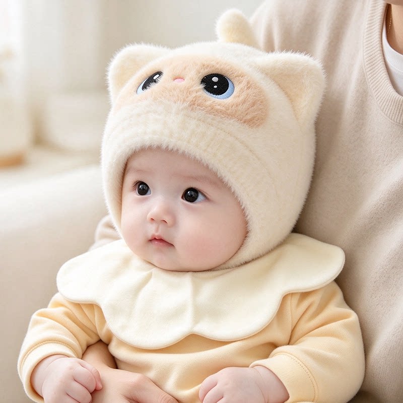 婴儿帽子秋冬可爱卡通猫耳朵防风毛绒帽小月龄男女宝宝保暖护耳帽