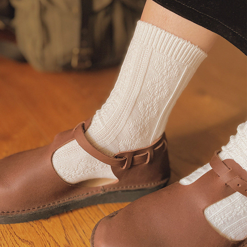 秋季日系原宿风复古纯色中筒袜 美式粗线麻花女中筒棉质长袜子