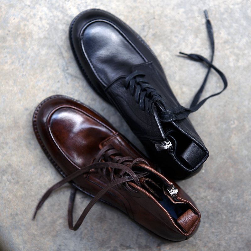 手作重磅洗水手擦牛皮拉链马丁靴