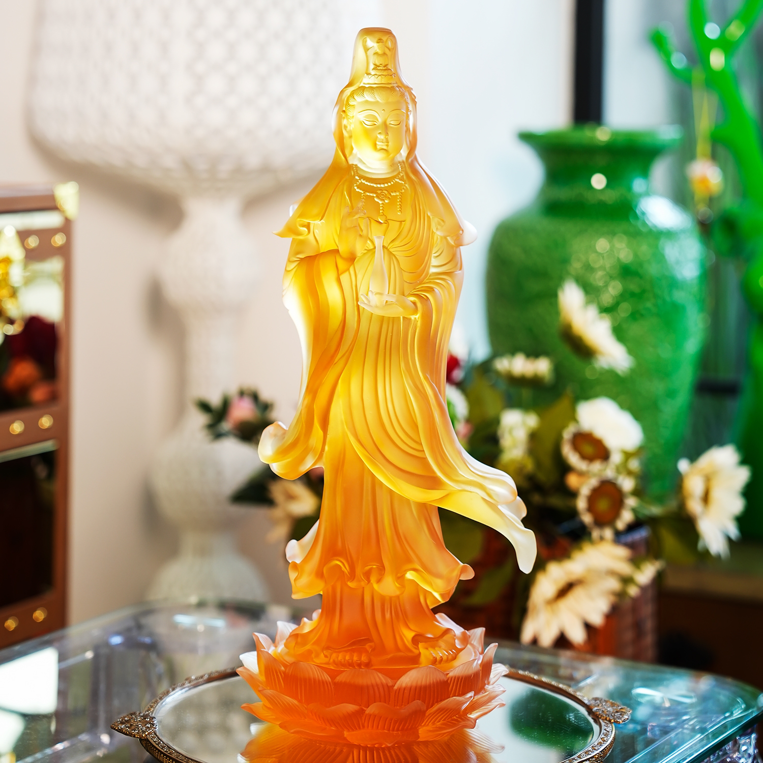 【本尼家】LL21非遗好物古法琉璃黄色莲花观音家居桌面玄关摆件