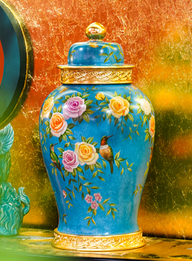 【本尼家】YS10仿古蓝底手绘装饰高温瓷将军罐艺术玄关摆件