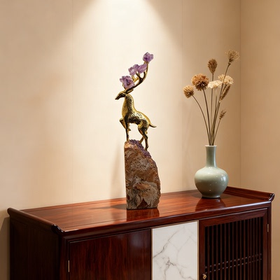 【本尼家】HY131轻奢木化石《一鹿高歌》铜鹿装饰品玄关桌面摆件