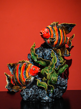 【本尼家】AM69非遗手工石湾陶瓷神仙鱼《连连有鱼》玄关摆件