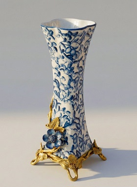 【本尼家】GY185欧式古典青花陶瓷镶铜插花花瓶家居艺术品摆件