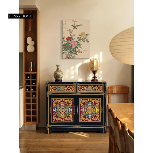 【本尼家】TS56中式古典手绘宝相花客厅入户玄关柜118*40*104cm