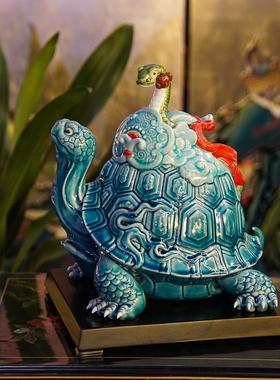 【本尼家】AM35非遗手工石湾陶蛇年大吉《蛇龟呈祥》玄关装饰摆件