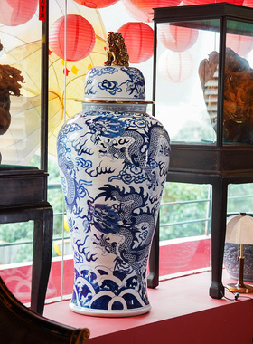 【本尼家】中式陶瓷大号手绘《龙腾四海》将军罐大堂玄关装饰摆件