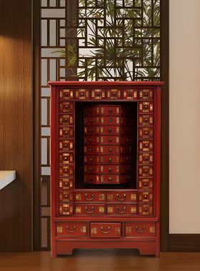 【本尼家】D46中式柜子红色多宝柜木质大容量做旧复古玄关柜
