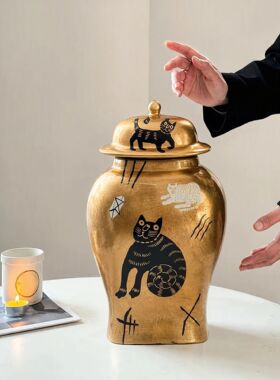 【本尼家】K27新中式高温陶瓷招财猫将军罐办公室客厅装饰摆件