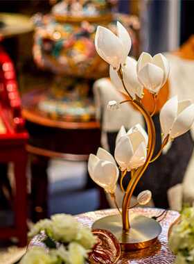 【本尼家】高温陶瓷玉兰花触摸台灯瓷镶纯铜设计家用创意床头灯