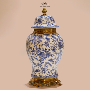 【本尼家】JM07瓷镶铜罐陶瓷将军罐青花瓷盖坛桌面装饰玄关摆件