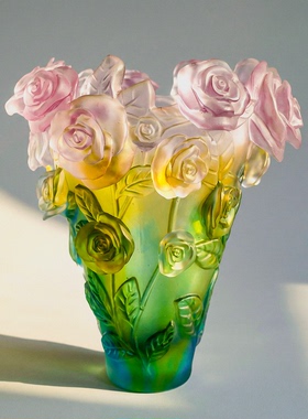 【本尼家】LL3非遗好物古法琉璃玫瑰花花瓶手工雕刻艺术玄关摆件