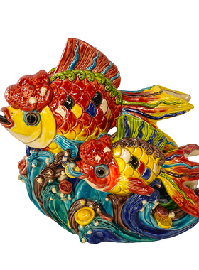 【本尼家】YJ56新中式非遗交趾陶《连年有鱼》玄关装饰桌面摆件