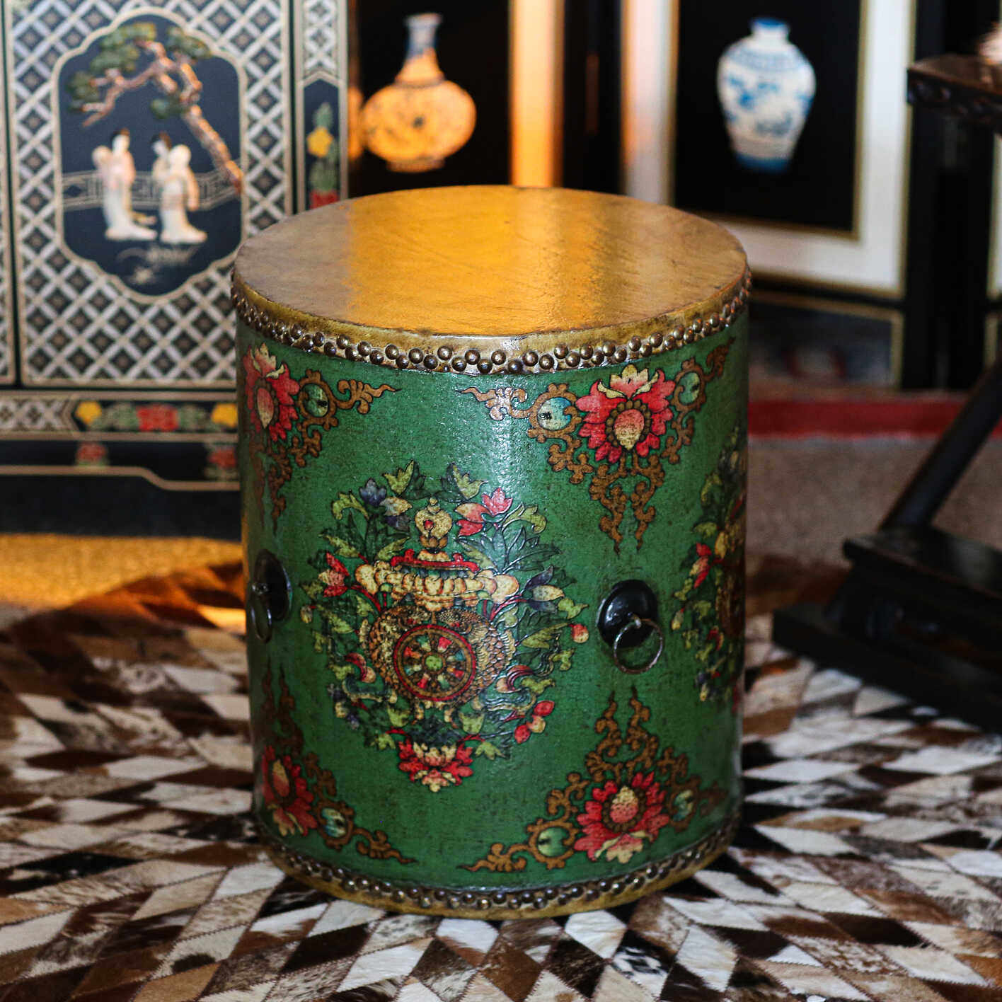 【本尼家】绿色中式鼓鼓凳皮鼓做旧彩绘装饰摆设家居落地摆件,家居饰品,落地摆件,淘宝优惠券,粉丝福利购,淘宝优惠卷