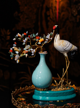 【本尼家】HX95新中式高温陶瓷镶铜配翡翠仙鹤摆件玄关博古架装饰