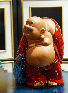 【本尼家】AM48非遗石湾陶瓷红釉布袋佛中式家居茶桌装饰玄关摆件