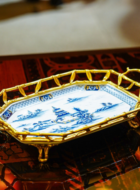 【本尼家】SS90中式青花瓷镶铜手绘描金果盘装饰家用桌面摆件