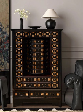 【本尼家】D46中式柜子黑色多宝柜木质大容量做旧复古玄关柜