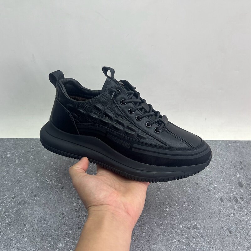 2024秋冬新款真皮男鞋厚底男单鞋时尚套脚圆头牛皮舒适加绒男棉鞋